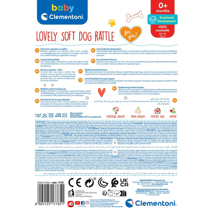 Le Lovely Dog Soft Rattle Clémentoni est un hochet en peluche conçu pour offrir confort et amusement aux tout-petits. Avec son design attendrissant et ses textures douces, ce jouet d’éveil stimule les sens de bébé tout en devenant un compagnon rassurant et joyeux.